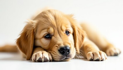 Golden retriever puppy lies down, head tilted, on white backdrop , adorable, canine