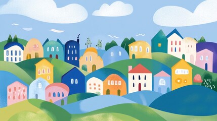 Quaint Hillside Village A whimsical scene of colorful houses nestled among rolling hills under a cheerful sky