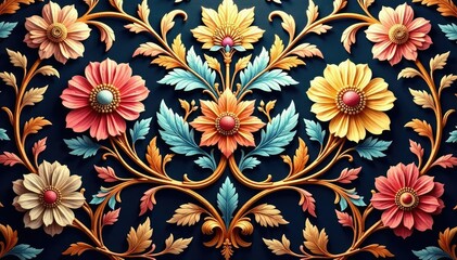 Intricate floral damask textile, opulent design, pattern, background, floral