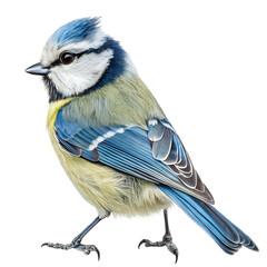 Watercolor Close-up portrait of a blue tit bird sitting gracefully, showcasing every detail of its...