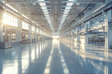 Vast Industrial Factory Interior, Sunlight Streaming Through Windows