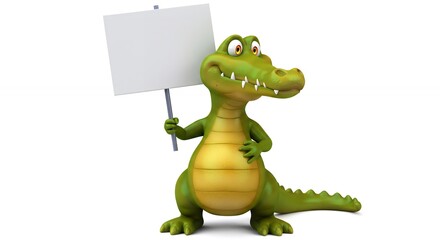 Naklejka premium Cheerful cartoon crocodile holding blank sign ready for your message