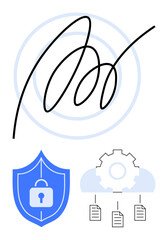 Hand-drawn digital signature, blue security shield with lock, and cloud gear with document flow. Ideal for authentication, cybersecurity, digital identity, cloud services, data protection, document