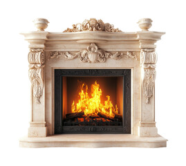 Elegant marble fireplace with flames luxurious home interior design isolated on transparent background