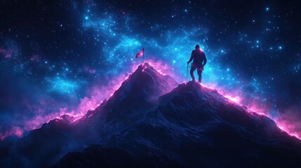 Climber summits mountain with flag under nebula night sky