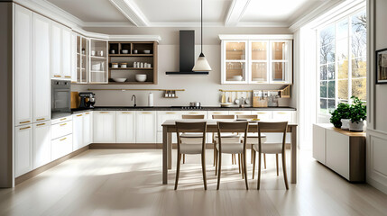 Modern White Kitchen With Wooden Dining Table