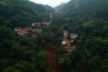 Obraz premium Landslide damage, mountain village