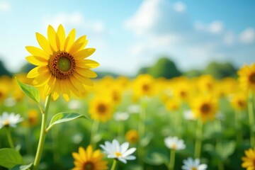 One yellow sunflower in field of white flowers, single, separate