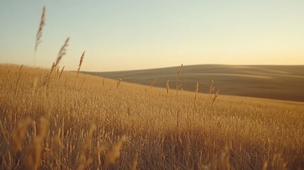 Fototapeta premium A golden field stretches across rolling hills under a calm sky