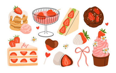 Strawberry set. Summer refreshing drinks, sweets and desserts with taste of strawberries. Chocolate strawberry. Flowers, petals, strawberries. Flat Vector illustration isolated on white background