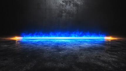 Fototapeta premium A dark surface is illuminated by converging blue laser beams, creating a futuristic neon effect