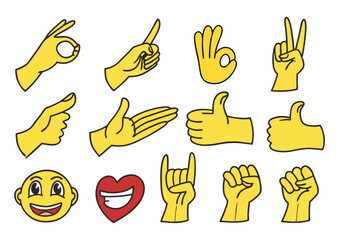 Colorful Hand Gesture Icons Set – Thumbs Up, Fist, Writing, Holding Lightbulb, Smartphone, and Success Symbols in Modern Cartoon Illustration