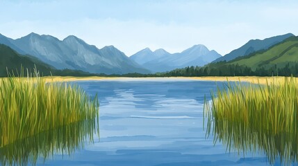 Fototapeta premium Serene lake view with mountains lush reeds reflecting in calm water