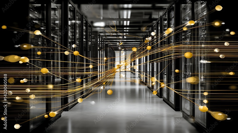 Poster data center visualization interconnection servers showing network flow and futuristic design.