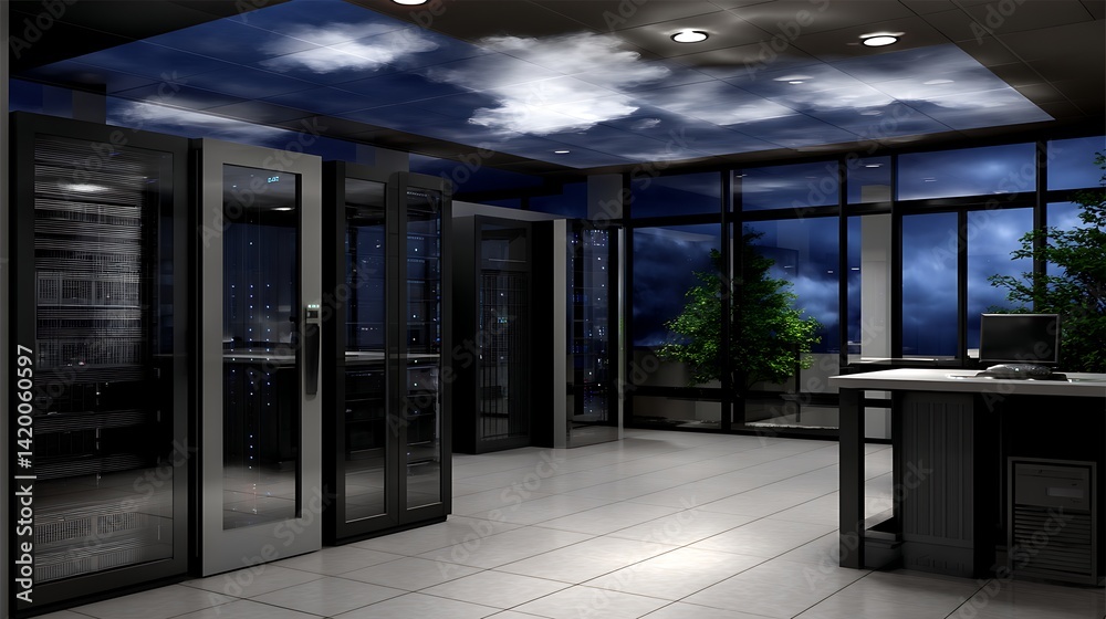 Poster data center with computer servers and night sky ceiling design in a secure room display.
