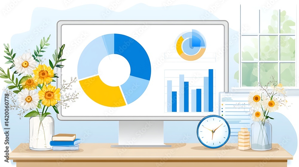 Poster data presentation with pie chart bar graph and flower arrangement on desk desktop setup.