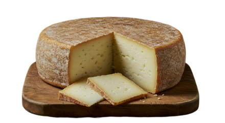 Large circular cheese wheel displayed on wooden board with textured natural surface on a transparent background