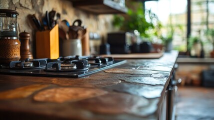 A close view of a kitchen counter with stove top