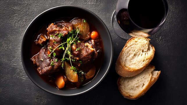Spanish dinner specialty rabo de toro oxtail stew slow cooked red wine and vegetables served in a deep black bowl with crusty bread dramatic top down shot on dark textured background