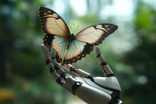 Robotic hand delicately holds a butterfly in lush green environment