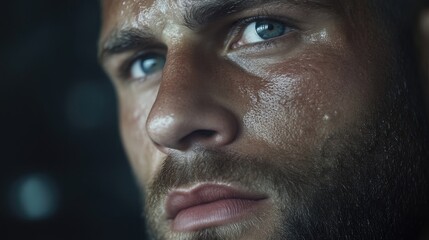 Obraz premium Close-up of a man's determined face, sweat glistening on his skin. He appears focused and intense