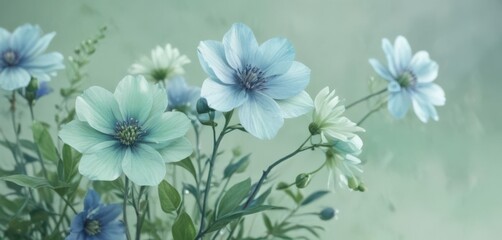 Subtle watercolor blooms in blue and green hues, creamy backdrop , floral, texture, nature