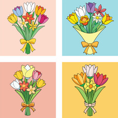 Cartoon Flower Bouquet Set With Tulips And Daisies On Colorful Backgrounds