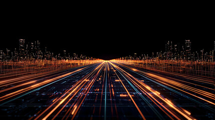 Futuristic Cityscape At Night With Glowing Light Trails