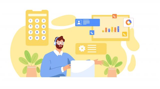 Call Center Man Telecaller Vector Animation Scene