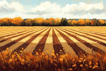 On an overcast day, a field of harvested crops is visible, with rows of dirt and stubble that lead into the distance