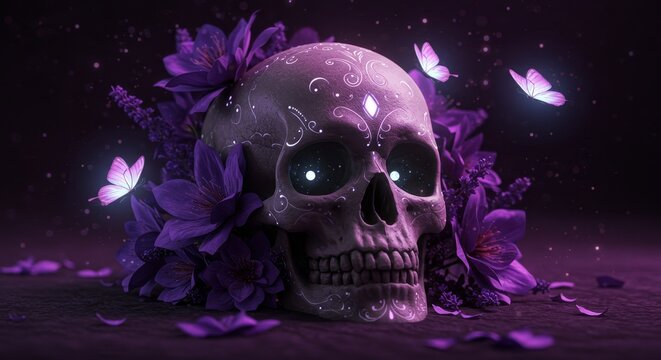 Ethereal Skull with Purple Flowers and Butterflies - A beautifully adorned skull rests amidst vibrant purple flowers and luminous butterflies, symbolizing life, death, beauty, transformation
