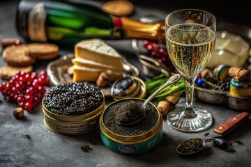 Fototapeta premium Luxurious Appetizer Champagne, Caviar, and Brie