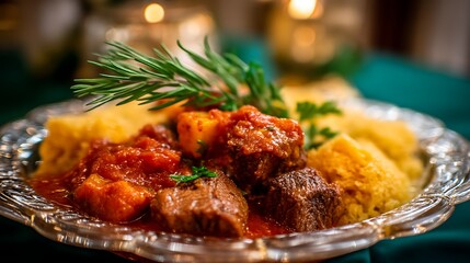 Delicious Beef Stew with Polenta and Fresh Rosemary Garnished on an Ornate Silver Platter Display.