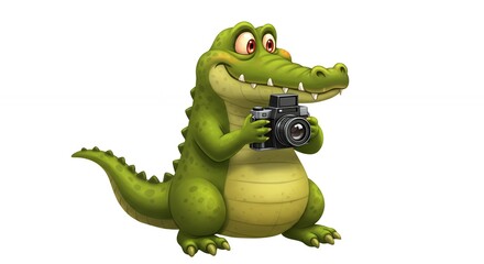 Fototapeta premium Cheerful cartoon crocodile photographer stock image