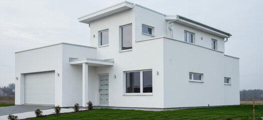 Modern White House Exterior - A sleek, contemporary two-story white house with a modern design, featuring a garage and manicured lawn