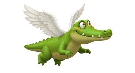 Obraz premium Flying crocodile cartoon illustration whimsical green animal fantasy character design