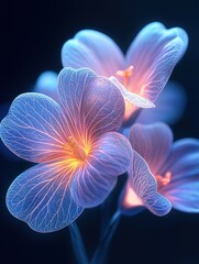 Three glowing blue flowers with orange centers against a dark background.