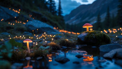 Glowing Mushrooms Reflecting in a Forest Pond at Night Scenery