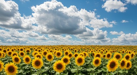 Fototapeta premium Sunflowers Under a Vibrant Sky - A breathtaking field of sunflowers stretches to the horizon under a vibrant blue sky dotted with fluffy white clouds. Symbolizing joy, abundance, happiness, warmth