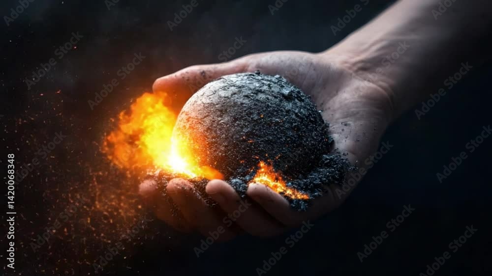 Poster fiery transformation of conceptual egg in hand symbolizing creation, power, and change with sparklin