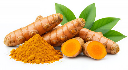 Fresh Turmeric Roots Powder and Leaves Vibrant Spice for Culinary and Health Uses