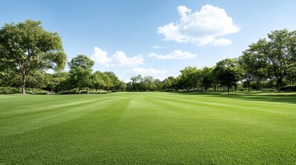 Lush Green Golf Course Surrounded by Trees and Clear Blue Sky Above