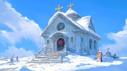 Snowdusted church rises on a hill beneath a bright sky