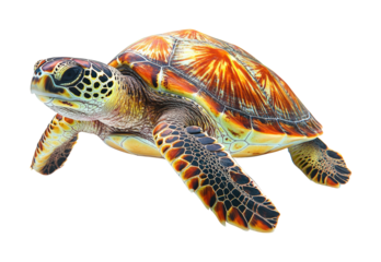 Swimming sea turtle in crystal clear ocean waters underwater view isolated on transparent background