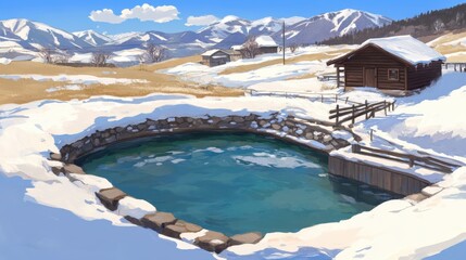 Snowy alpine pool scene with cabin and mountains in the background