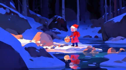 Snowy lantern walk a child explores a winter stream with a glowing light in the forest