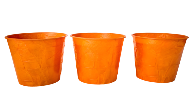 set wrinkly orange plastic cups isolated on white background PNG.GENERATIVE AI