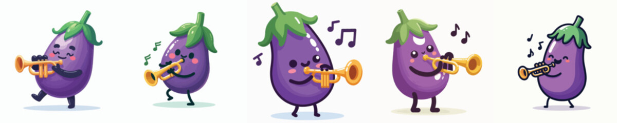 cute eggplant vector collection playing trumpet