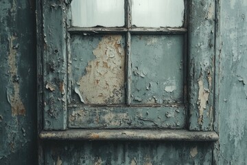 Naklejka premium Old window with peeling paint and weathered wood texture close-up.