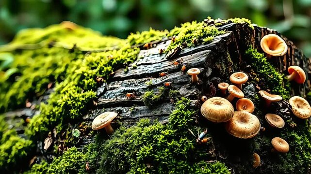 mossy decomposing log with fungi in forest ecosystem closeup